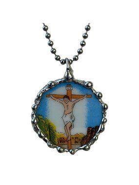 Broken China Crucifix Pendant - Silver Blend Cabochon Necklace | Alma Antigua